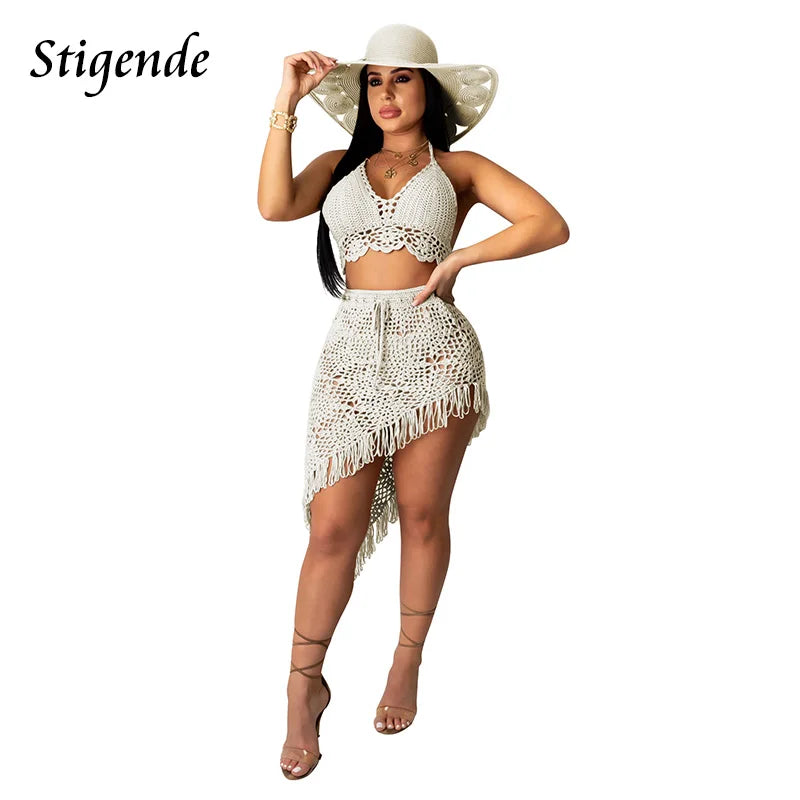 Stigende Women Irregular Two Piece Skirt Cover Up Summer Beach 2 Piece Knitted Swim Set Sexy Bandage Hollow Out Crochet Swimsuit