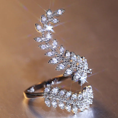 Huitan Graceful Leaves Both End of Open Ring Silver Color Cocktail Party Rings Shine Crystal Zircon Fashion Women Jewelry