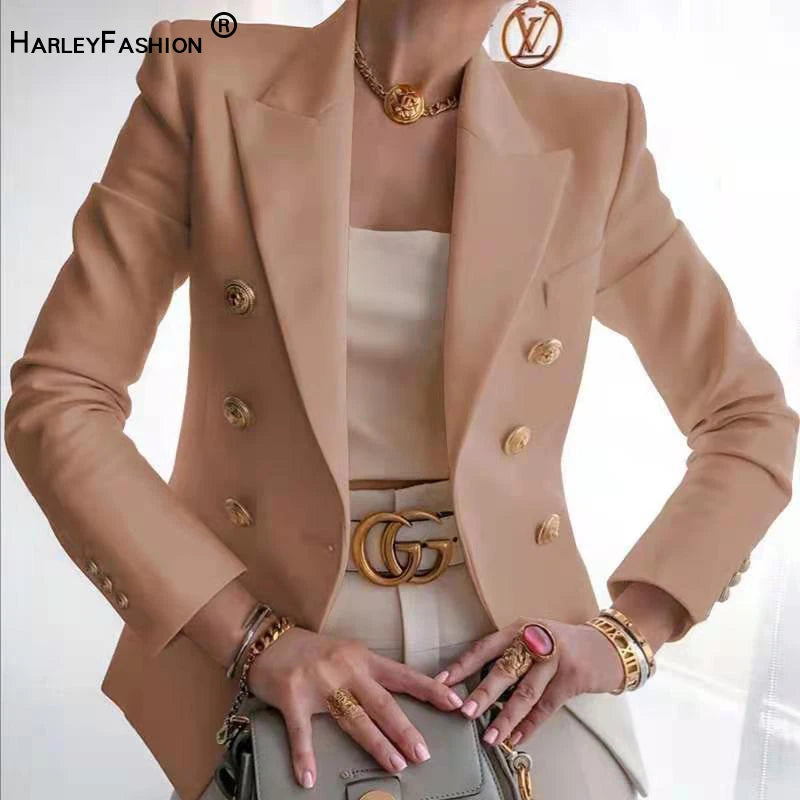 HARLEYFASHION Europäisch Amerikanisch 2021 Frühling Herbst Slim Doppelreiher Damen Blazer OL Unifarbener Hochwertiger Anzug Blazer XXL