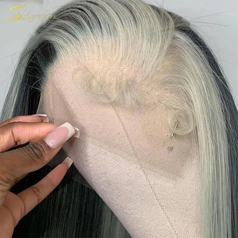 Highlights Schwarz und Weiß Perückenfarbe Vorgezupfter Haaransatz 613 Blonde Kurze Bob 13x4 Echthaar Lace Front Perücken HD Frontal Glatt
