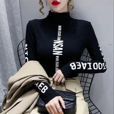 Mid-High-Neck Bottoming T-Shirt Elastisch Innen Reiten Femme T-Shirts Herbst Winter Warm Buchstabendruck Streetwear Damen T-Shirts
