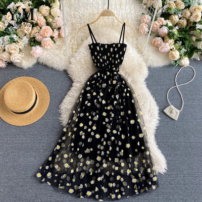 YuooMuoo Koreanische Mode Gänseblümchen Blumendruck Mesh Partykleid Sommer Zweilagiges Spaghettiträger Urlaub Midi Kleid Strandkleid