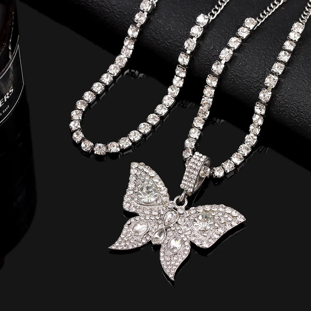 Vergoldete Kristall-Strass Schmetterling Anhänger Fußkettchen für Frauen, mehrschichtige große Strass Tennis-Kette Fußschmuck