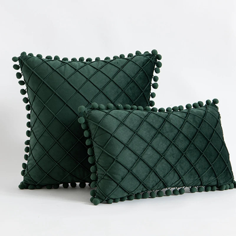Inyahome Velvet Waist Throw Pillow with Pompom Solid Color Decorative Cushio Pillow Pink Grey Green Solid Velvet Home Pillowcase