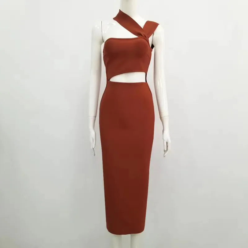 Damen Sommer sexy ausgehöhltes braunes Midi knielanges Bodycon-Bandagekleid 2023 Designer elegantes Abendpartykleid Vestido