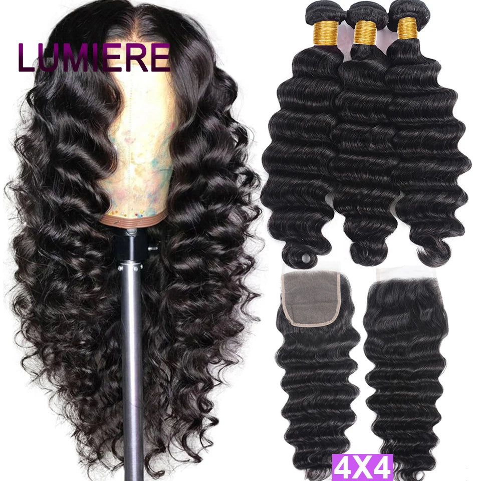 15A Loose Deep Wave Bundle With HD Closure 4X4 5x5 6x6 100% Virgin Brazilian Hair Weave Bundles 3/4 Bundle Deal  8-40" Wholeasle