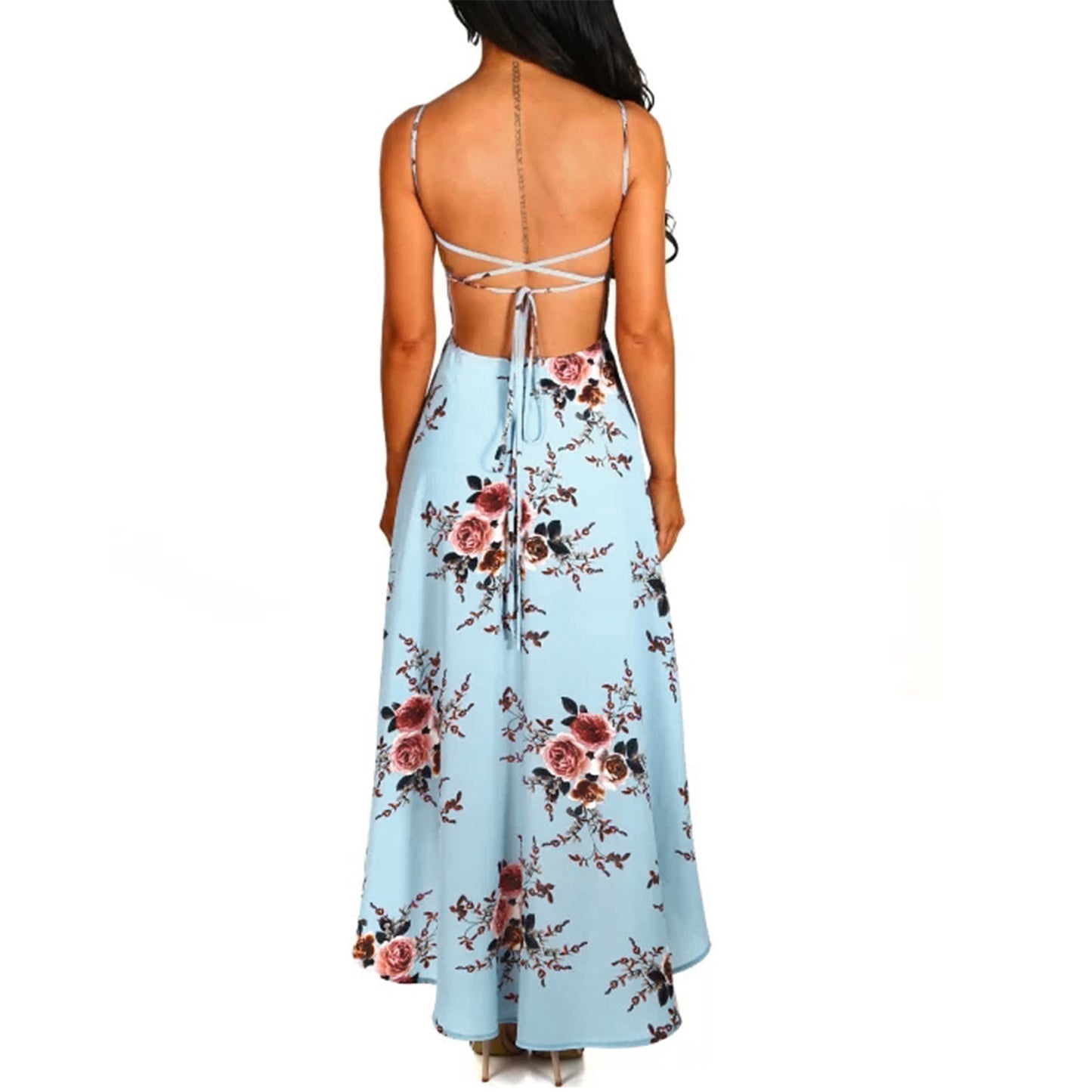 Women Holiday Floral Print Long Dresses Summer Spaghetti Strap Beach Swing Party A Line Dress Sexy Backless Irregular Dress Robe