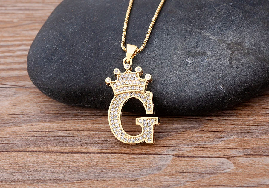 Nidin New Luxury Copper Zircon A-Z Crown Alphabet Pendant Chain Necklace Hip-Hop Style Fashion Woman Man Initial Name Jewelry