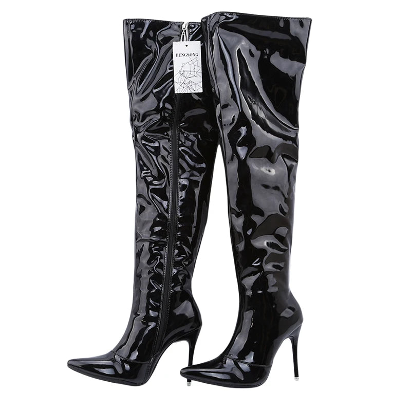Women Sexy Silver Mirror Thigh High Boots T Show Pointy Toe Club Party Shoes Thin High Heels Over The Knee Long Boots For Women