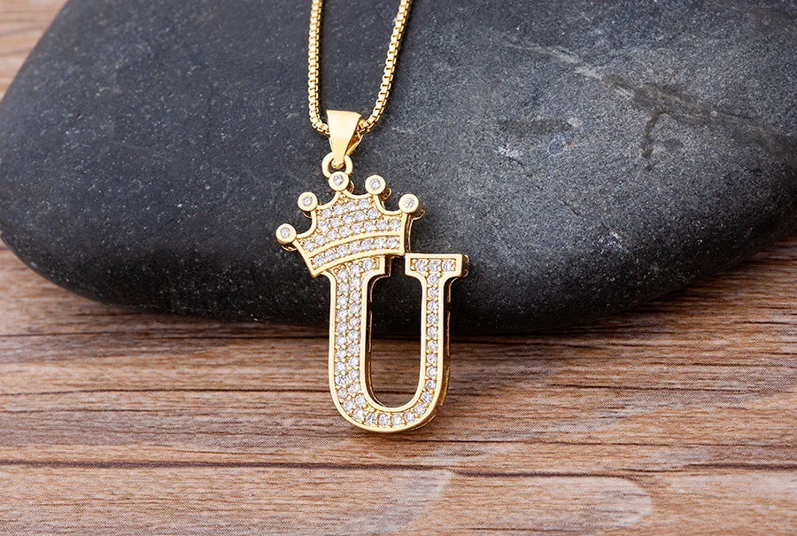 Nidin New Luxury Copper Zircon A-Z Crown Alphabet Pendant Chain Necklace Hip-Hop Style Fashion Woman Man Initial Name Jewelry