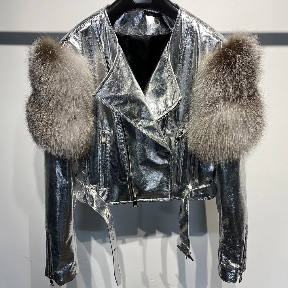 GO BALLISTIC YA Women Leather Jacket With Fur Sleeve Fashion Ladies Crop Jacket