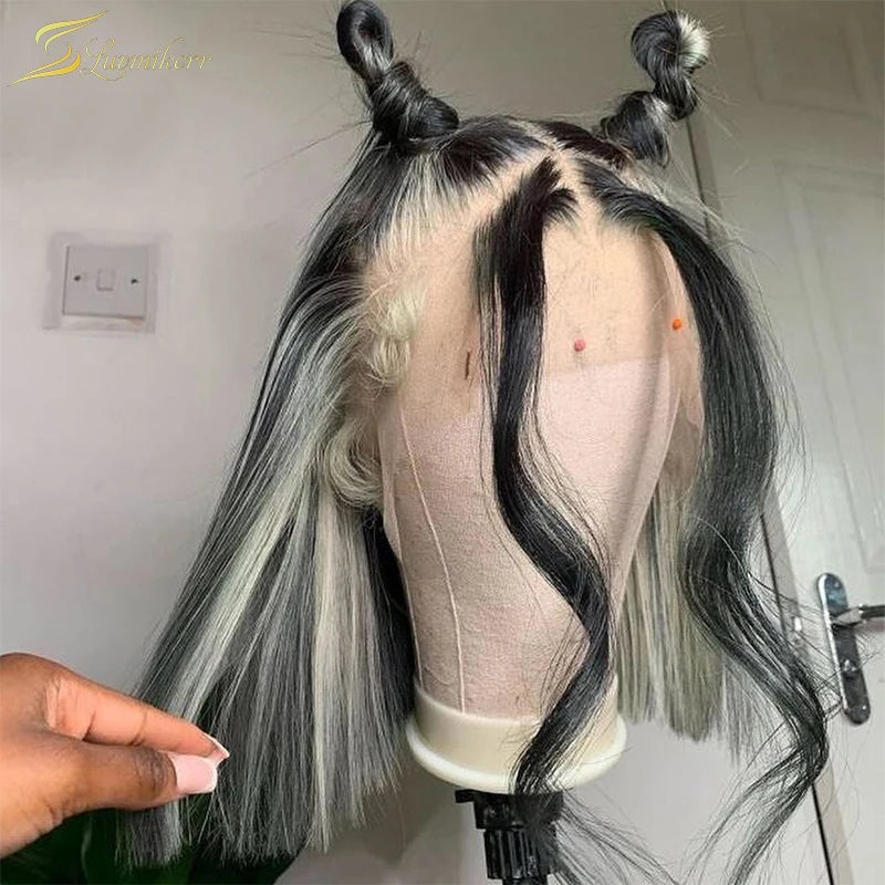 Highlights Schwarz und Weiß Perückenfarbe Vorgezupfter Haaransatz 613 Blonde Kurze Bob 13x4 Echthaar Lace Front Perücken HD Frontal Glatt