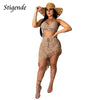 Stigende Women Irregular Two Piece Skirt Cover Up Summer Beach 2 Piece Knitted Swim Set Sexy Bandage Hollow Out Crochet Swimsuit
