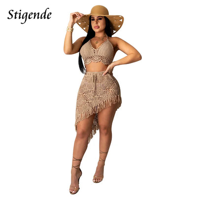 Stigende Women Irregular Two Piece Skirt Cover Up Summer Beach 2 Piece Knitted Swim Set Sexy Bandage Hollow Out Crochet Swimsuit