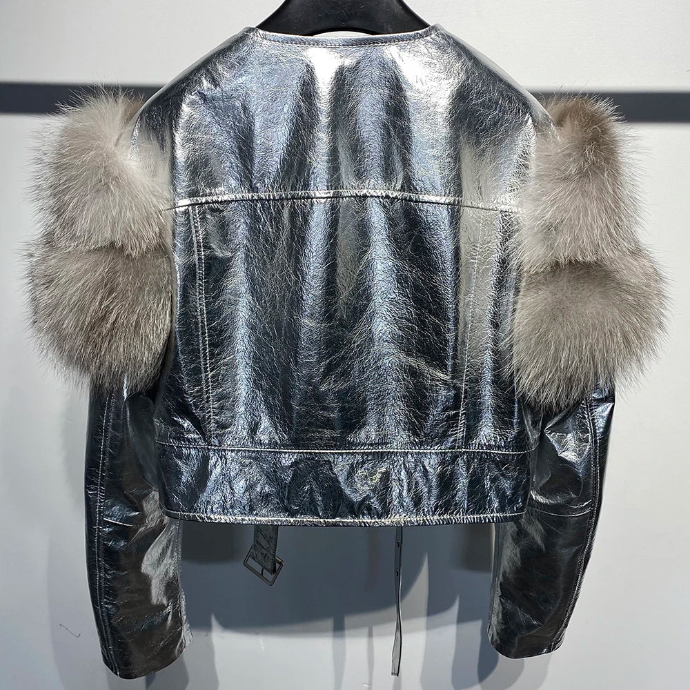 GO BALLISTIC YA Women Leather Jacket With Fur Sleeve Fashion Ladies Crop Jacket