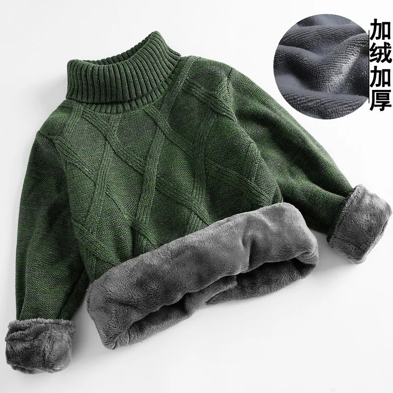boys Plus velvet Warm turtleneck sweater Pullovers plush inside Thicken sweaters girls Winter Autumn Knitted Loose jacket 2-10Y