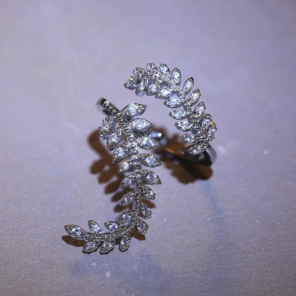 Huitan Graceful Leaves Both End of Open Ring Silver Color Cocktail Party Rings Shine Crystal Zircon Fashion Women Jewelry