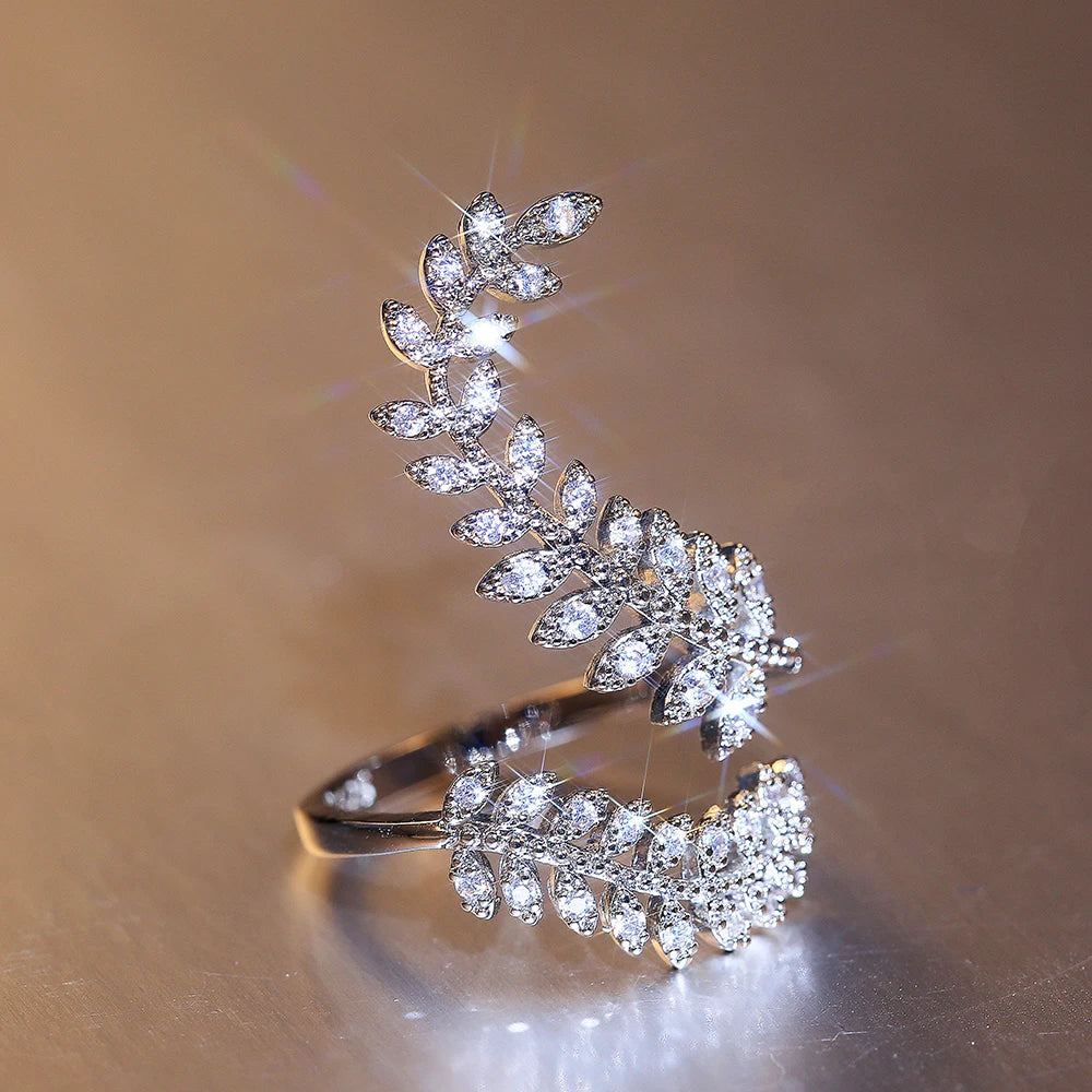 Huitan Graceful Leaves Both End of Open Ring Silver Color Cocktail Party Rings Shine Crystal Zircon Fashion Women Jewelry