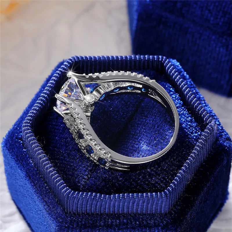 Huitan Special-interest Wedding Rings Women Blue/White Round CZ Novel Designed Female Party Ring Temperament Gift Trendy Jewelry