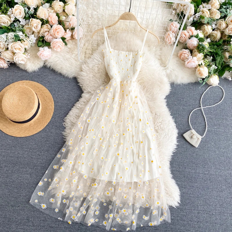 YuooMuoo Koreanische Mode Gänseblümchen Blumendruck Mesh Partykleid Sommer Zweilagiges Spaghettiträger Urlaub Midi Kleid Strandkleid