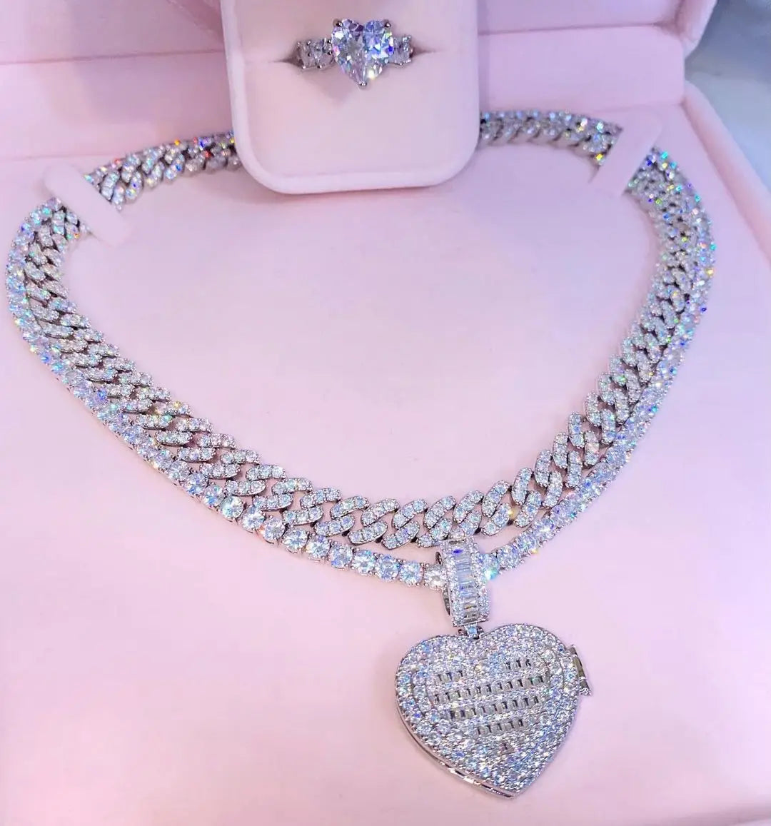 Auf Lager Iced Out Bling Damen Schmuck 5A Weißer Zirkonia Herzanhänger Halskette Mit Tennis Box Chain