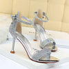Damen Sommer Sandalen 8.5cm High Heels Strass Kristall Mittelhohe Absätze Knöchelriemchen Sandalen Damen Hochzeit Event Party Goldene Schuhe