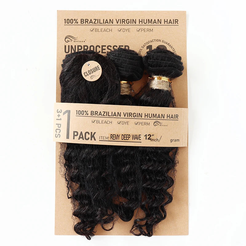 Lockiges Echthaar-Bundles mit Closure, kurzes indisches Echthaar-Bundles mit kreisförmigem Closure