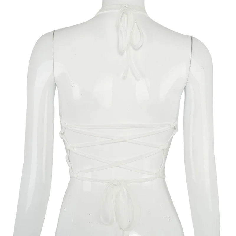 Sexy Solid Color Hanging Neck Bandage V-neck Off Shoulder Crop Tops 2021 Summer Women Fashion Casual Black Halter Vest Comfort
