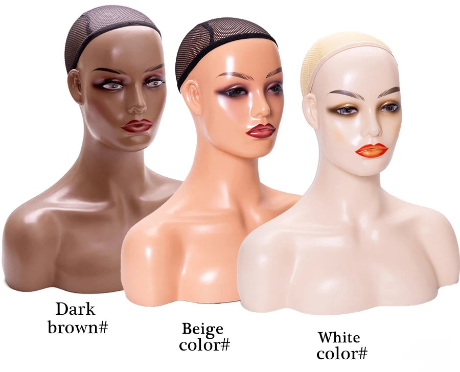 Weibliche Schaufensterpuppenkopf mit Schulter Mannequin Kopf Büste Perückenkopf Ständer mit Make-up für Perücken Präsentation Halskette Kostenlose Ohrringe, Perückenkappe