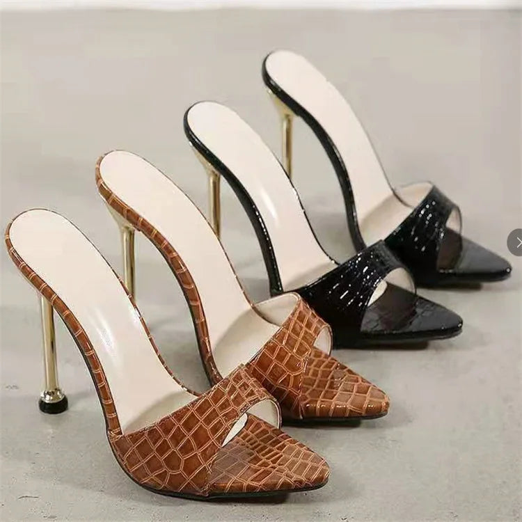 Damen Slipper Schlangenmuster Riemchen High Heels Slipper Sandalen Spitz zulaufende Zehen Slides Pumps Schuhe für Damen Frauen Sommer