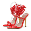 Sommer 12CM Gladiator High-Heel Sandalen für Damen Mode Spitze Offene Zehen Schnür-Stiletto Damen Riemchen-Hochzeitsschuhe Schwarz Rot