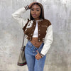 Patchwork Short Jacket Women Fall Casual Letter Print Button Baseball Uniform Coat Y2K Fashion Sporty Sweatshirt Oversize