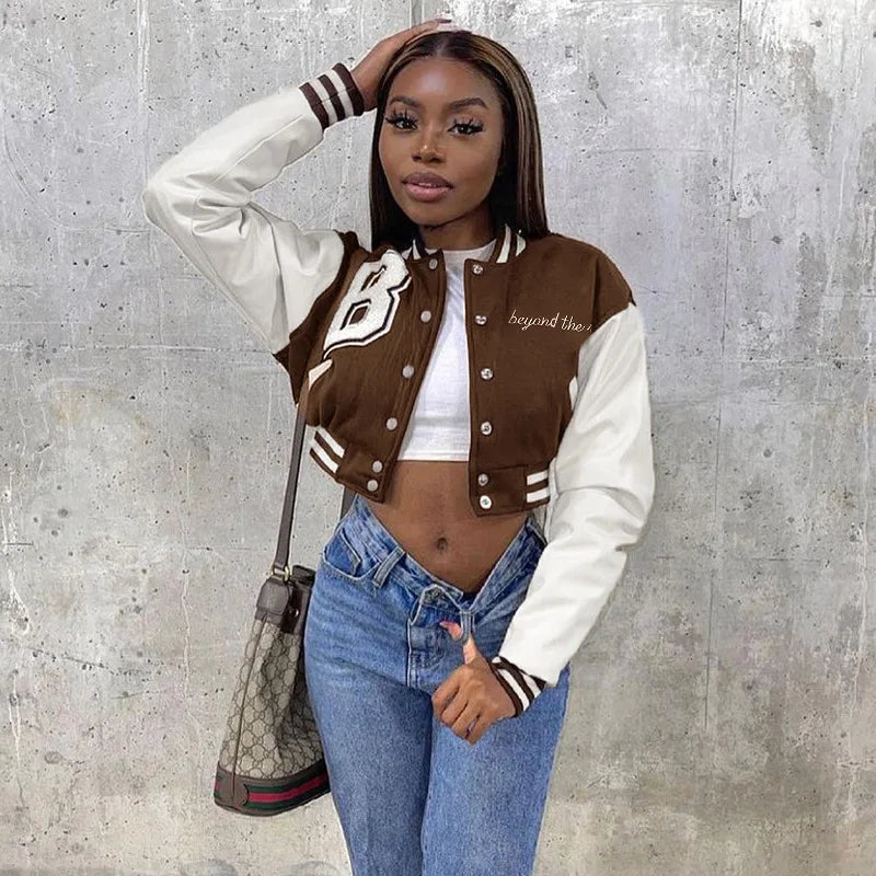 Patchwork Short Jacket Women Fall Casual Letter Print Button Baseball Uniform Coat Y2K Fashion Sporty Sweatshirt Oversize