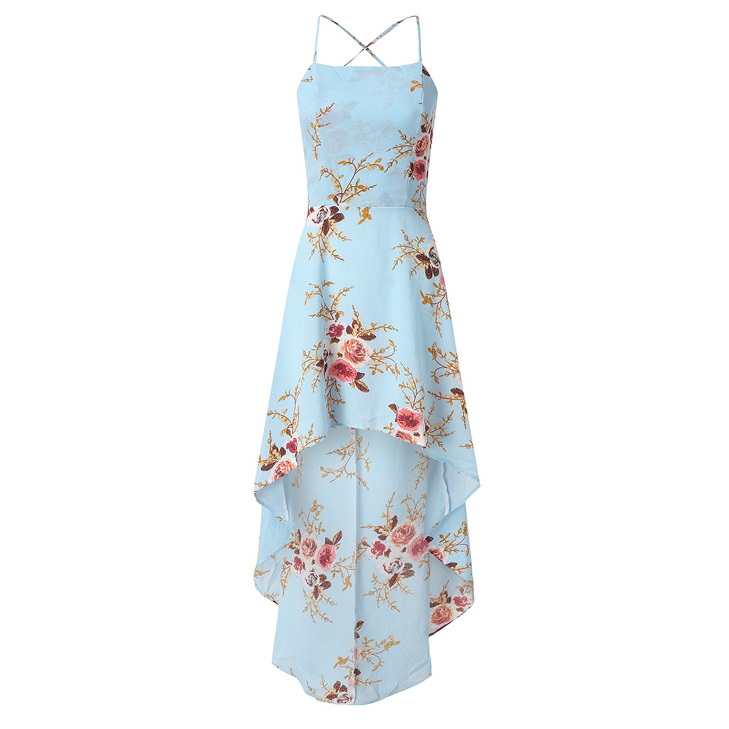 Women Holiday Floral Print Long Dresses Summer Spaghetti Strap Beach Swing Party A Line Dress Sexy Backless Irregular Dress Robe