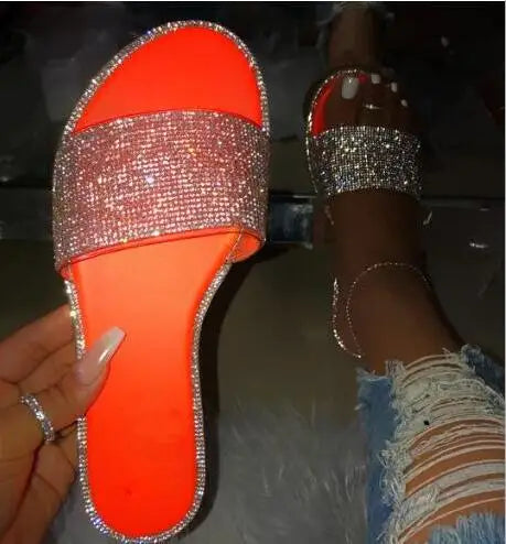 Glitter Slippers Women Summer Sandals 2023 Fashion Bling Female Candy Color Flip Flops Beach Diamond Flat Shoes Outdoor Sandals