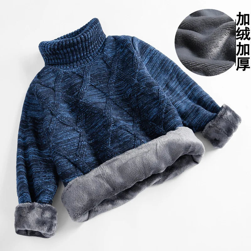 boys Plus velvet Warm turtleneck sweater Pullovers plush inside Thicken sweaters girls Winter Autumn Knitted Loose jacket 2-10Y