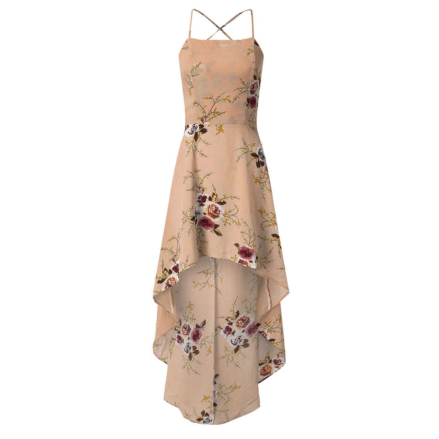 Women Holiday Floral Print Long Dresses Summer Spaghetti Strap Beach Swing Party A Line Dress Sexy Backless Irregular Dress Robe