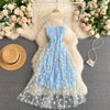 YuooMuoo Koreanische Mode Gänseblümchen Blumendruck Mesh Partykleid Sommer Zweilagiges Spaghettiträger Urlaub Midi Kleid Strandkleid