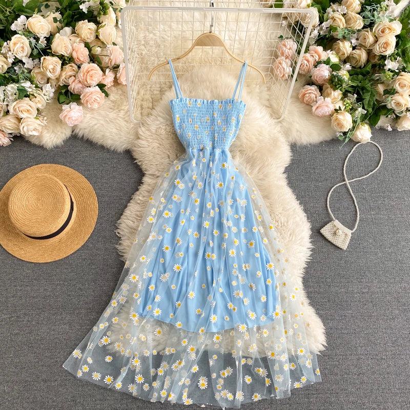 YuooMuoo Koreanische Mode Gänseblümchen Blumendruck Mesh Partykleid Sommer Zweilagiges Spaghettiträger Urlaub Midi Kleid Strandkleid