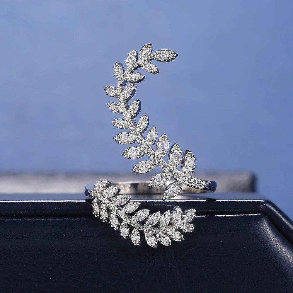 Huitan Graceful Leaves Both End of Open Ring Silver Color Cocktail Party Rings Shine Crystal Zircon Fashion Women Jewelry