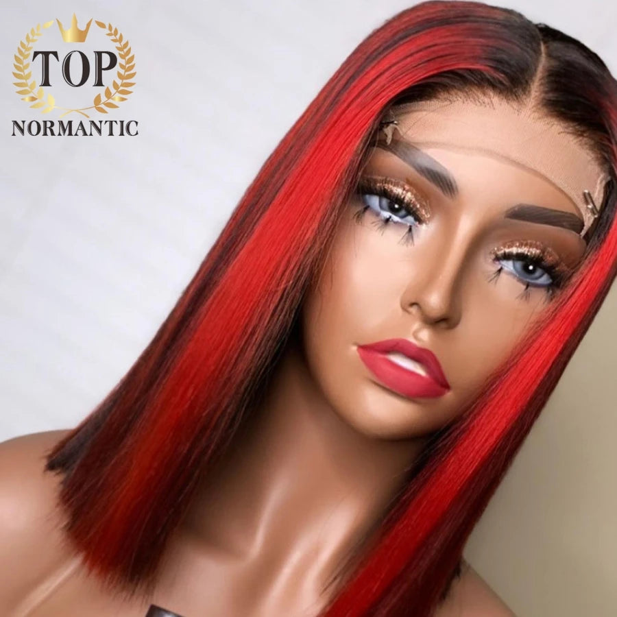 Topnormantic Highlight Red Color Straight Wigs For Women Brazilian Remy Human Hair 4x4 Lace Closure Straight Bob Wig Preplucked