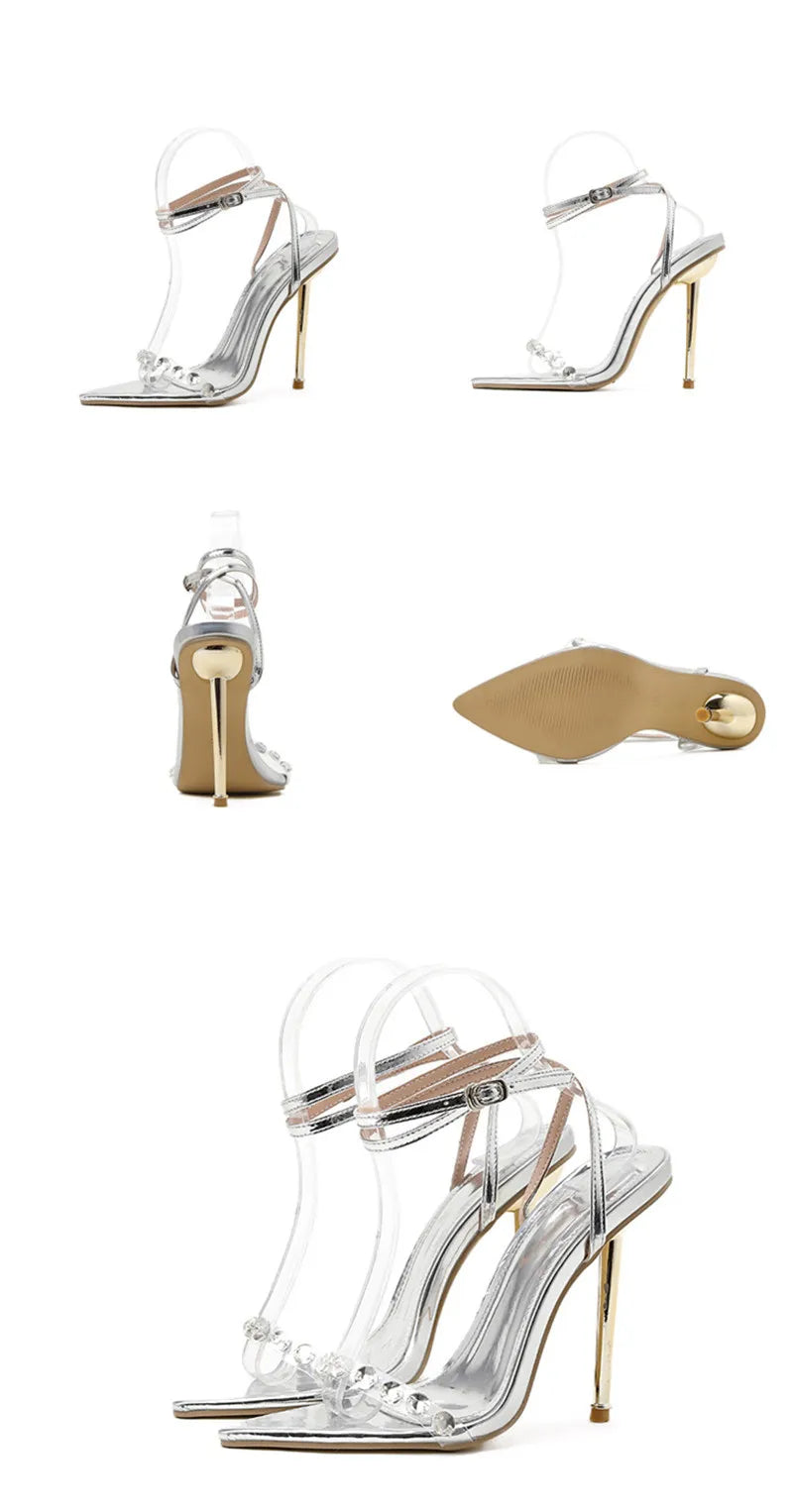 Eilyken Crystal Sexy Women Sandals Metal High Heels Ankle Buckle Strap Gladiator Ladies Pumps Stiletto Nightclub Party Shoes