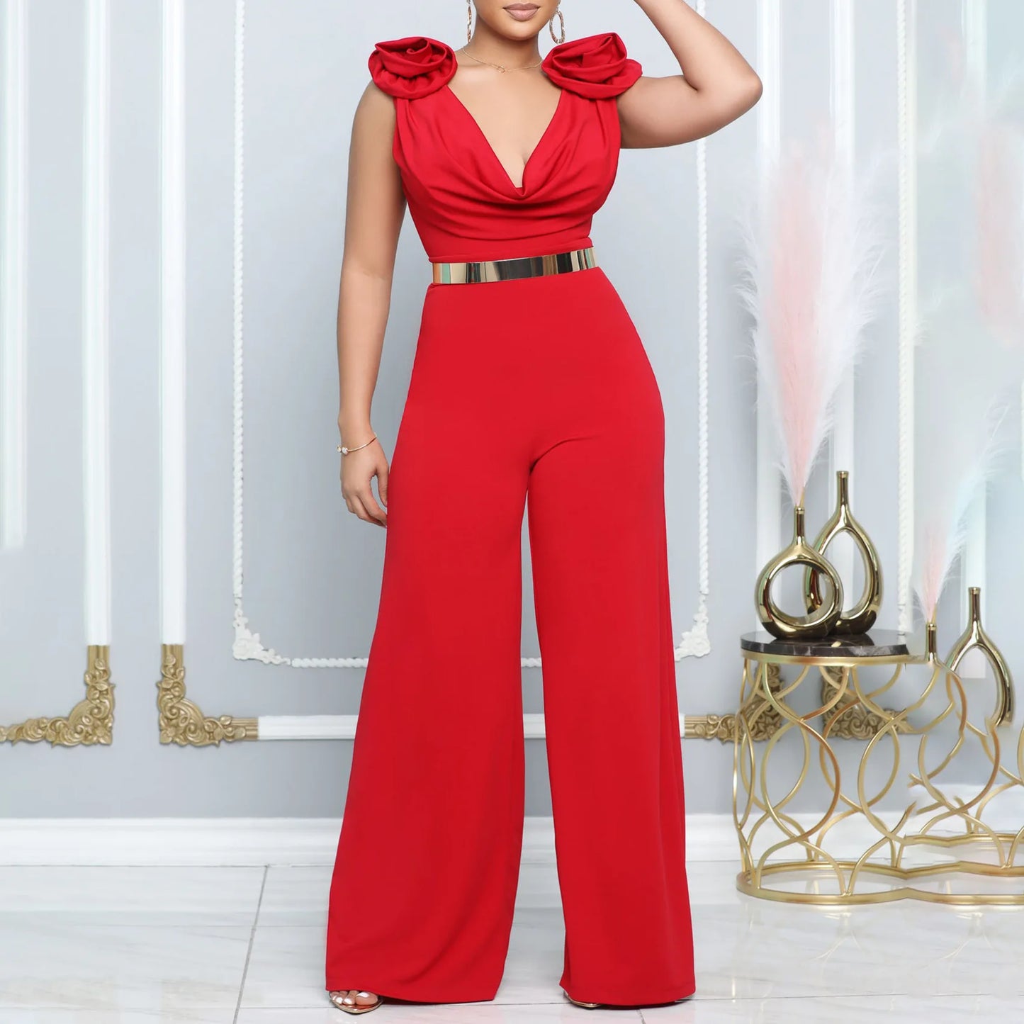 Boutique Großhandel 2025 Sommer Neue Modische V-Ausschnitt Sexy Weites Bein Ärmelloser Damen Jumpsuit