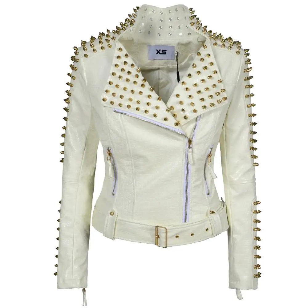 SX Occident Fashion women Club hot style Stud slim fit jacket shoulder rivets zip stitching short PU leather rock coat