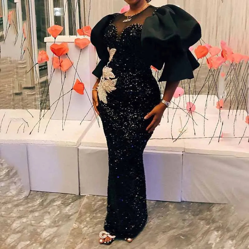 Maßgeschneiderte lange schwarze Kleider Samt Pailletten bestickt Brust gewickelt Puffärmel Kleid Klassische Damen Frühling Herbst Party Promi