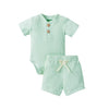 2Pcs Unisex Baby Summer Outfits Suit Solid Color Ribbed Casual Short Sleeves Romper+Elastic Waist Shorts for Toddler Infant