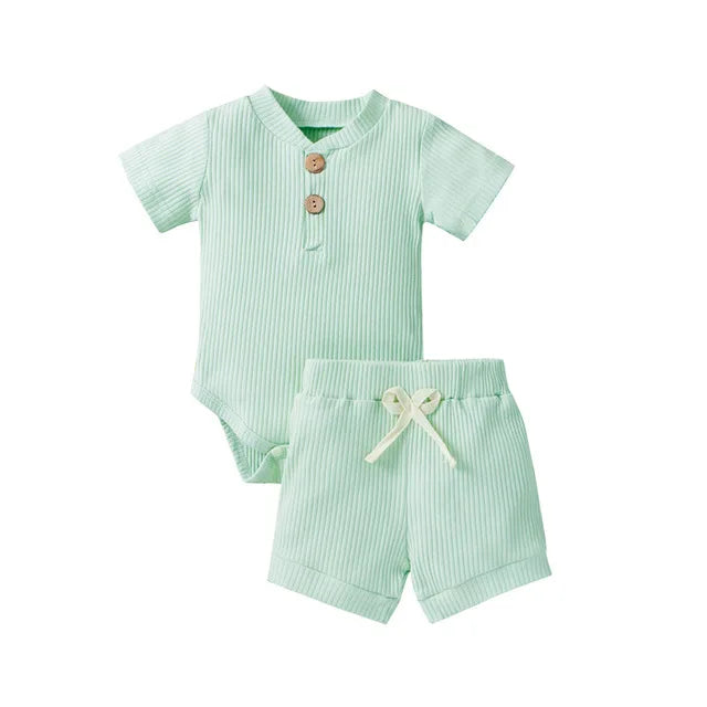 2Pcs Unisex Baby Summer Outfits Suit Solid Color Ribbed Casual Short Sleeves Romper+Elastic Waist Shorts for Toddler Infant
