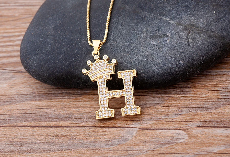 Nidin New Luxury Copper Zircon A-Z Crown Alphabet Pendant Chain Necklace Hip-Hop Style Fashion Woman Man Initial Name Jewelry