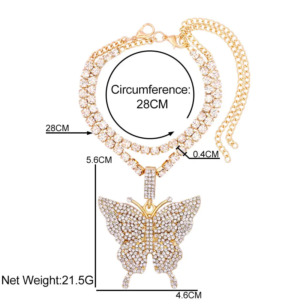 Vergoldete Kristall-Strass Schmetterling Anhänger Fußkettchen für Frauen, mehrschichtige große Strass Tennis-Kette Fußschmuck