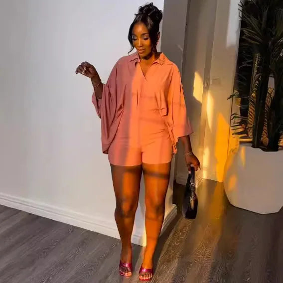 S107 Großhandel Designer-Kleidung 2024 Einfarbiger Fledermausärmel-Shirt 2-teiliges Set Sommer Lockeres Freizeit Zweiteiliges Shorts-Set für Damen